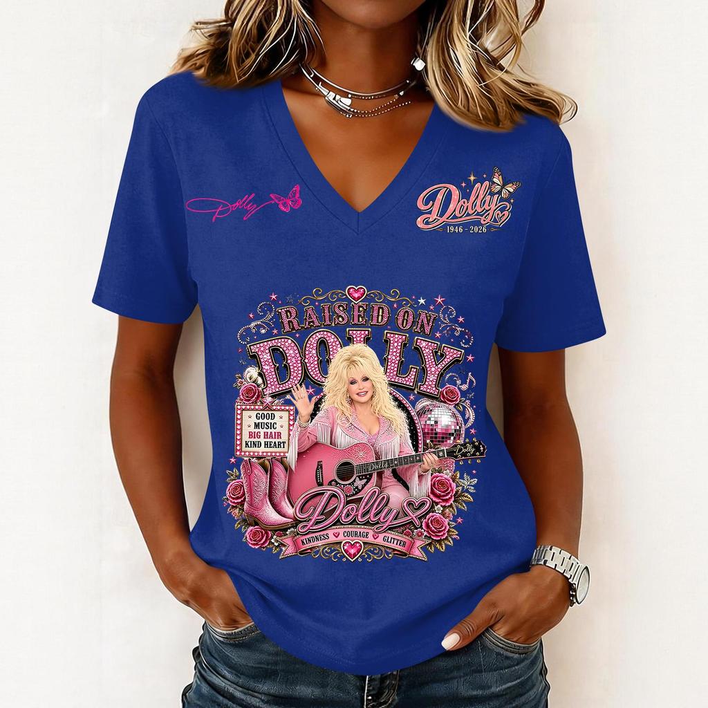 Women's Trendy Casual V-Neck Short Sleeve Letter Print Pullover Top for Everyday Wear