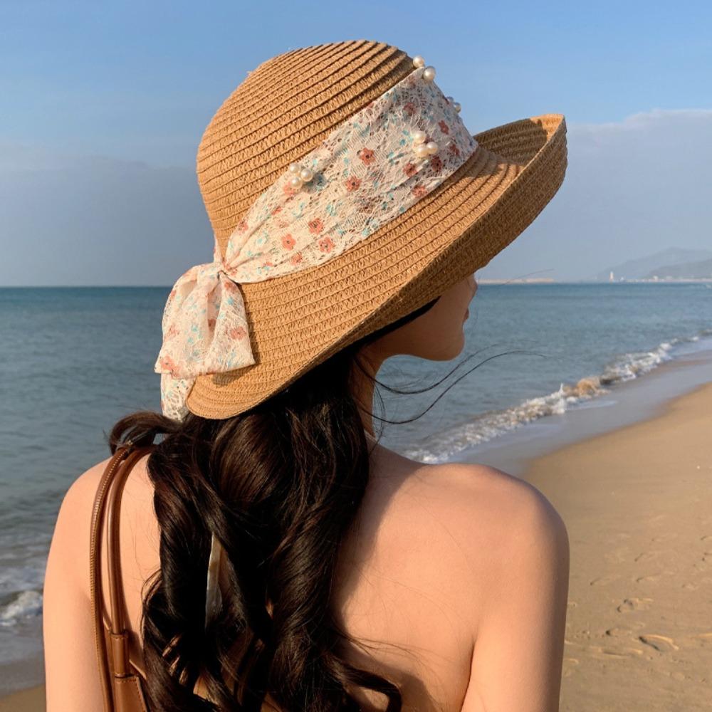 Adjustable Flower Fisherman Cap Large Brim Wide Brim Sun Hat Fashion Lace Bowknot Straw Hat  Summer