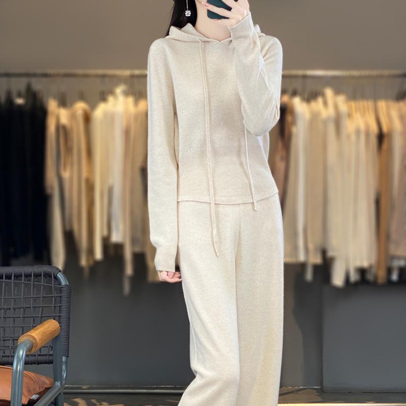 2024 Autumn Wool Pants & Hooded Knit Sweatshirt: Korean Style Socialite Slim-Fit Gray Two-Piece Set
