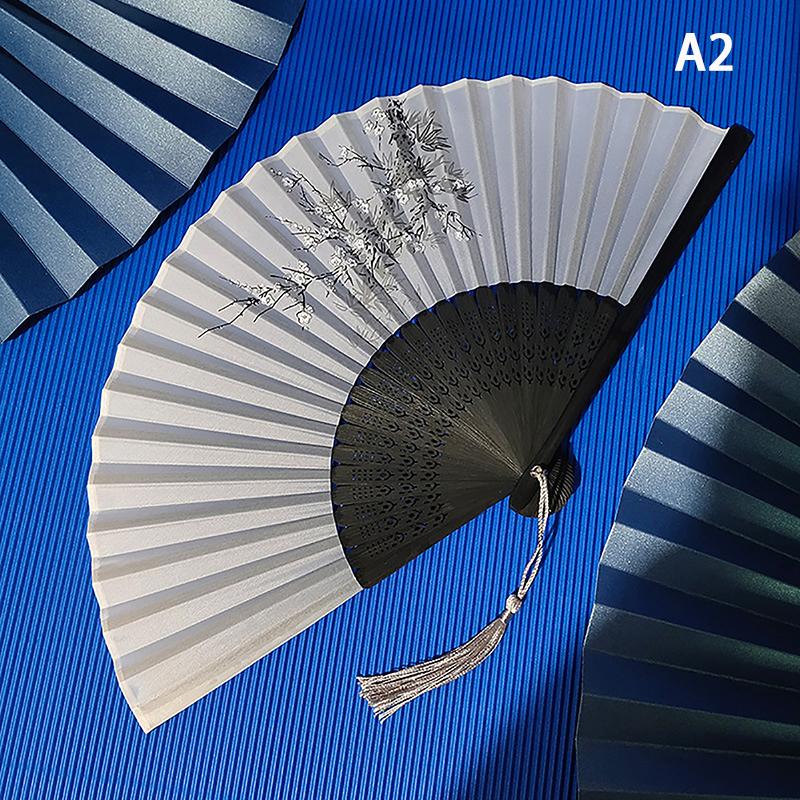 Vintage Chinese Style Folding Fan Bamboo Hand Fan Wooden Shank Classical Dance Fan With Tassel Elegent Female Fan Home Decor