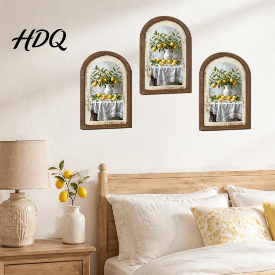 Floral Wall Art Decor Lemon Arched Decor Pastoral Flowers Wooden Sign Nordic Retro Arch Hanging Style Decoration for Home Kitchen Bedroom