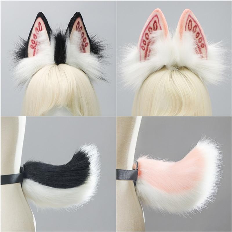 Faux Furs Bunnies Ears Headband Tail Animal Bunnies Costumes for Christmas Halloween Cosplay Party Costume Accessories