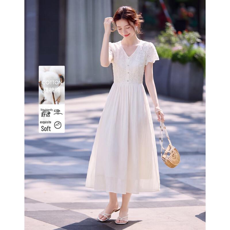 French Elegant Hollow Lace Short Sleeve A-line Midi Dress L