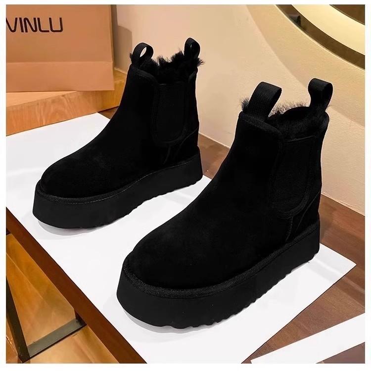 Cowhide version~ Small inner height increase 9cm snow boots women's winter velvet thickened fur integrated warm cotton shoes