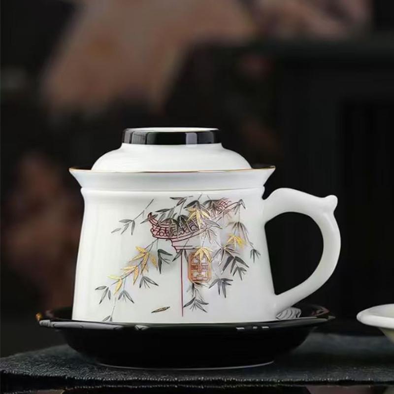 

Mutton Fat Jade Ceramic Coffee Cup Set – Small Luxury Gold-Edged American Office Gift, Large Capacity 225 ml