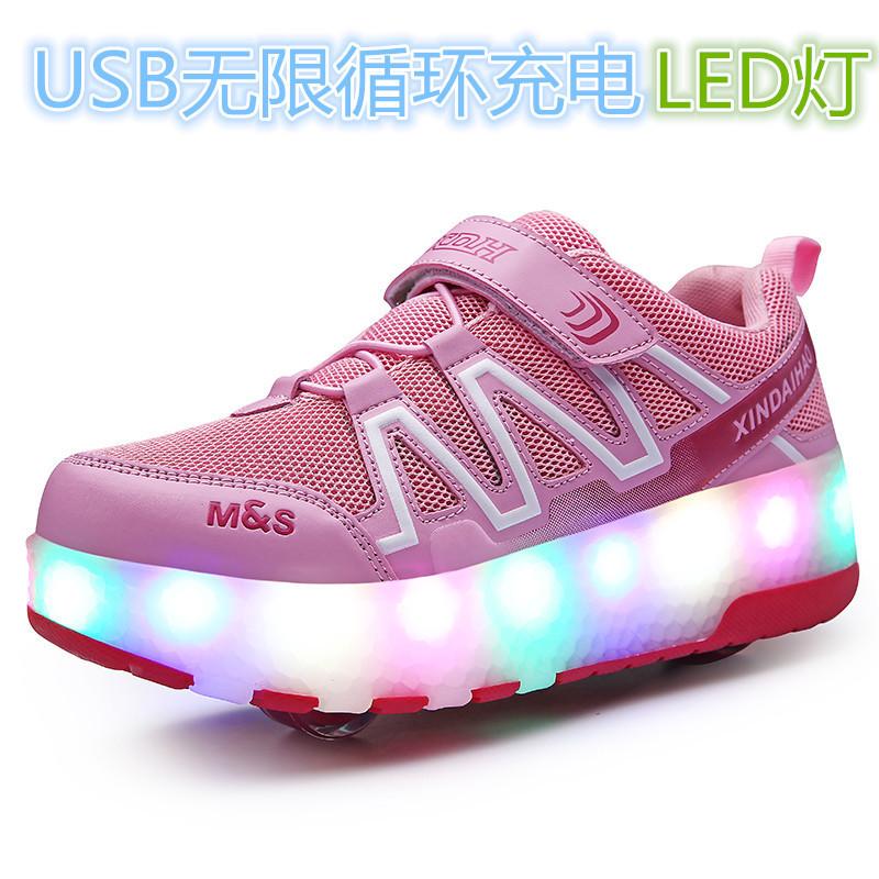 Children's Double Wheel USB Charging Cycle Runaway Shoes USB Colorful Light Pulley Shoes Boy Girl Wheel Shoes