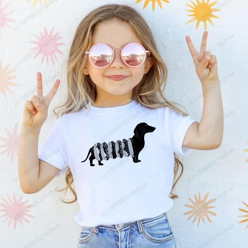 T-shirt with Dachshund Teckel dog print,fun t-shirts for babies,t-shirt for kids,white short-sleeve summer t-shirts for children