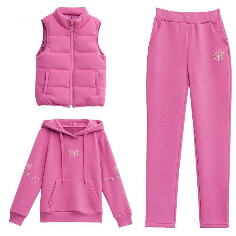 Set trei bucăți vestă pentru femei Set de pantaloni cu glugă, haină căptușită, broderie, cu glugă, mâneci lungi, pantaloni cu talie elastică, trening de iarnă, haine sport