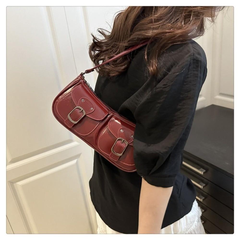 Double Pockets Women's Armpit Bag Vintage Zipper Handbag Trendy Pu Leather Shoulder Bag  Female
