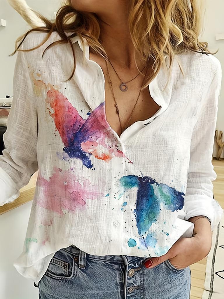 Fashion Retro Butterfly Group Print Long Sleeve Blouse Spring Spring Lapel Button Casual Blouse Ladies 5Xl Home Shirt