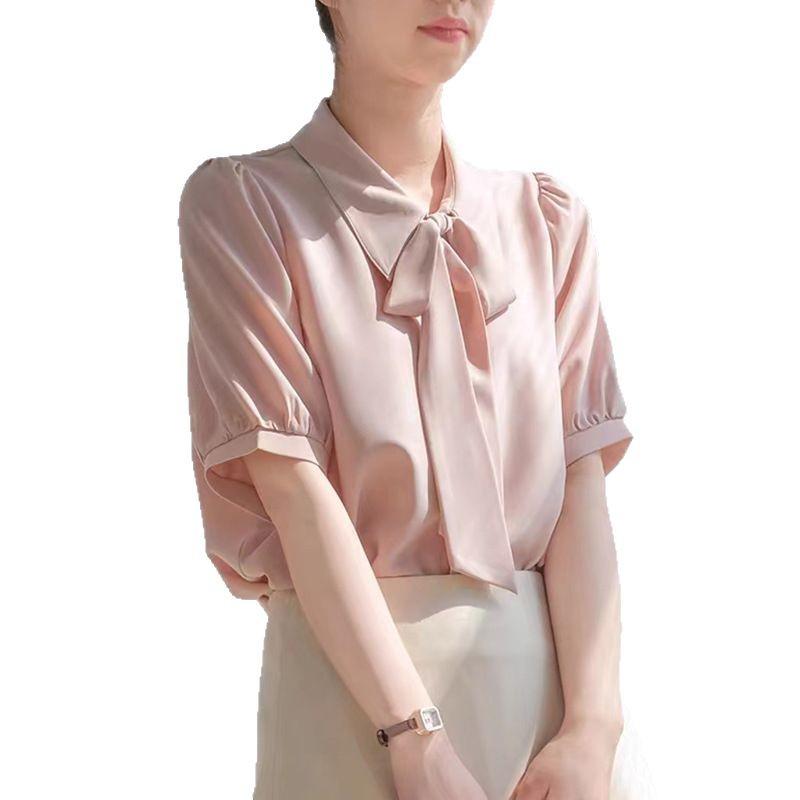 Women's Pink Ribbon Chiffon Short-Sleeve Shirt, Summer Korean Style: Gentle, Sweet, Fashionable, Drapey, Niche Hong Kong Style