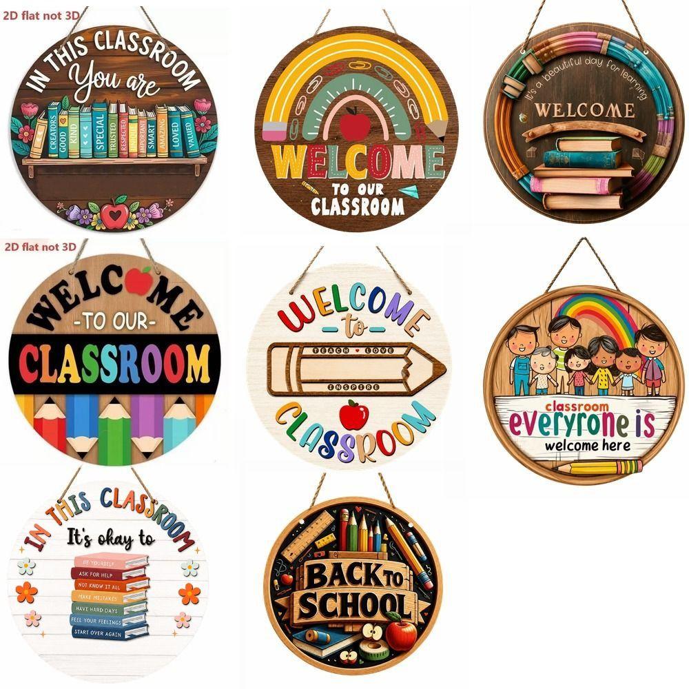 Cute 2D Flat Welcome Sign Round Wooden Ornaments Classroom Door Sign Colorful Decoration School Door Hanging School Decoration