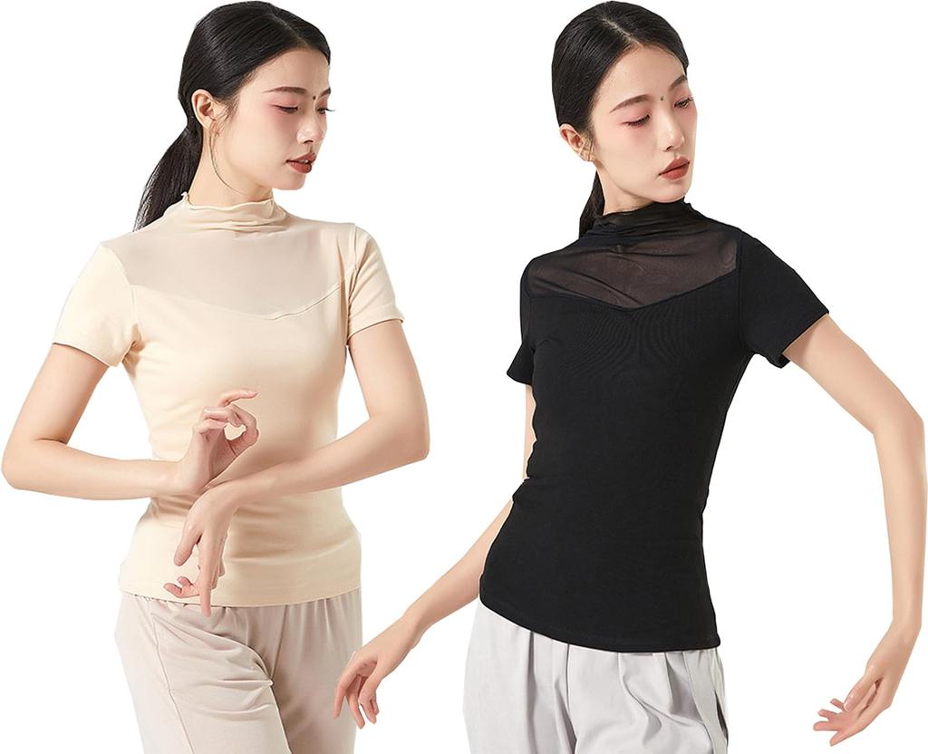 Yuoku Short Sleeve Ballet Dance Mesh Sheer High Neck Practice Classical Ballroom Elegant Dance Costume Women's Top, Collar, T-Shirt, Blouse,