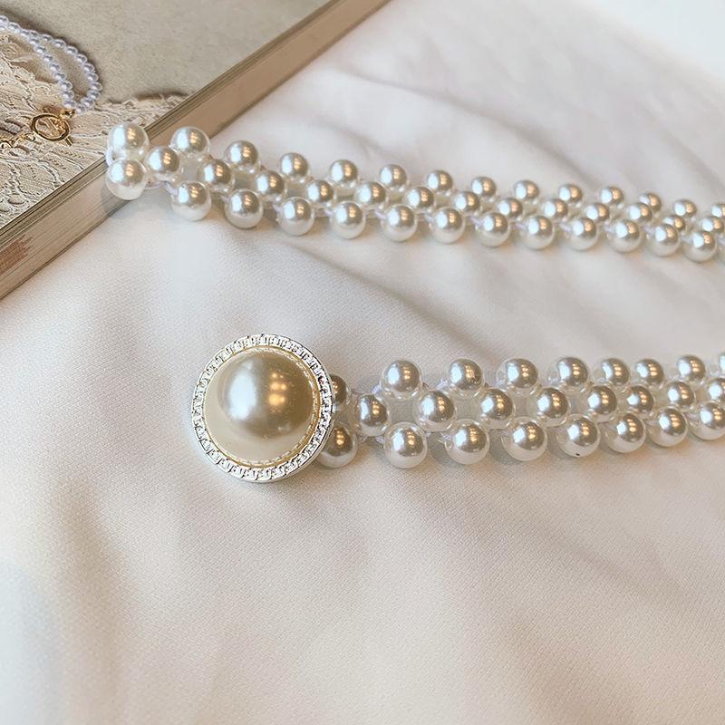 Women's Large Pearl Rhinestone Waist Chain Elastic Belt