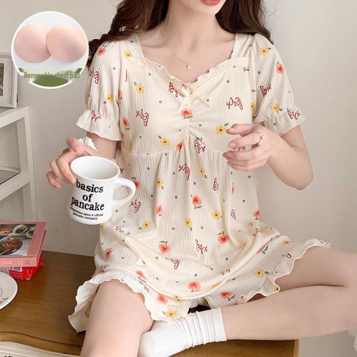 "Women's Summer Pajama Set with Chest Pads: Wrinkle-Resistant, Short Sleeves, Korean-Style, Sweet & Cute"
