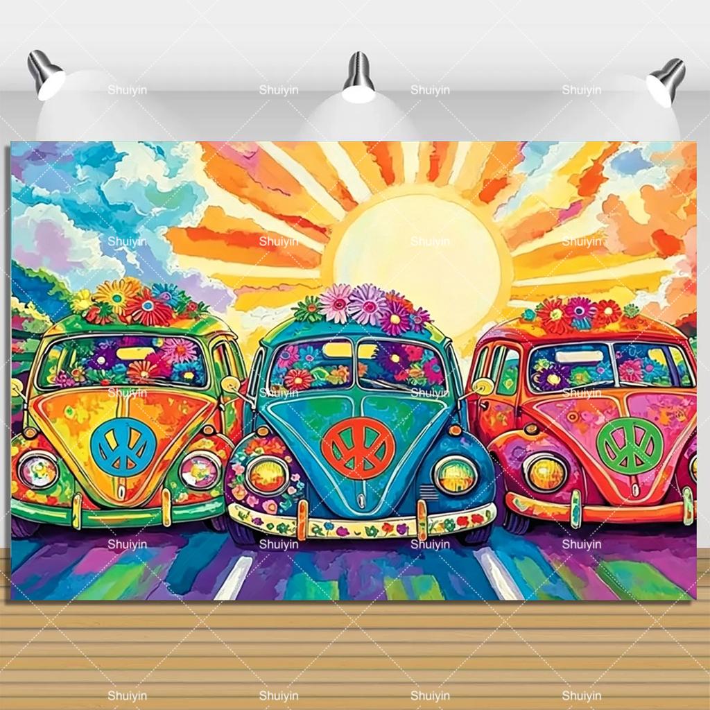 Colorful Peace Love Retro Hippie Bus Dyed Backdrop Kids Birthday Party Decorations Bohemian Style Guitar Floral Photography Prop