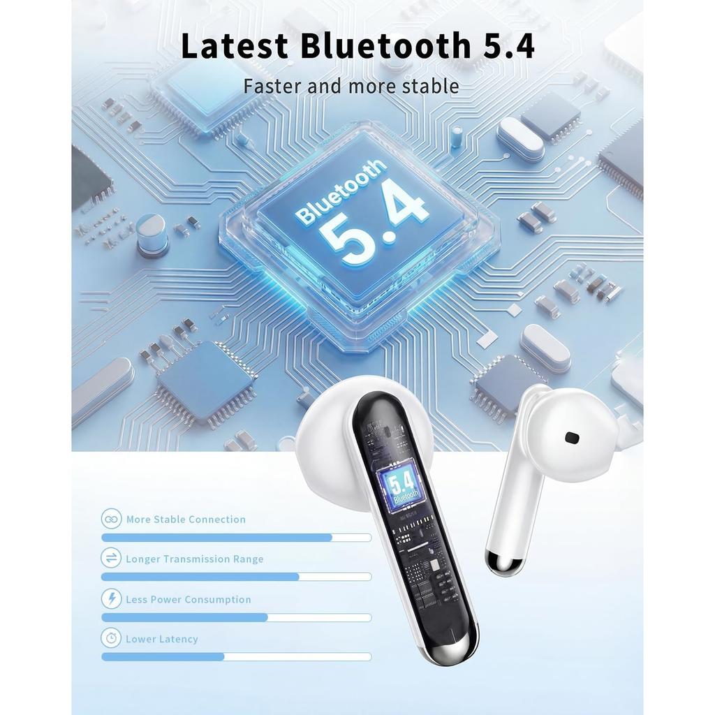 Wireless Earbuds, Bluetooth 5.4 Headphones HiFi Stereo, Ear Buds with 50H Playback, LED Display IP7 Waterproof Earphones for Laptop/Phones/Sports