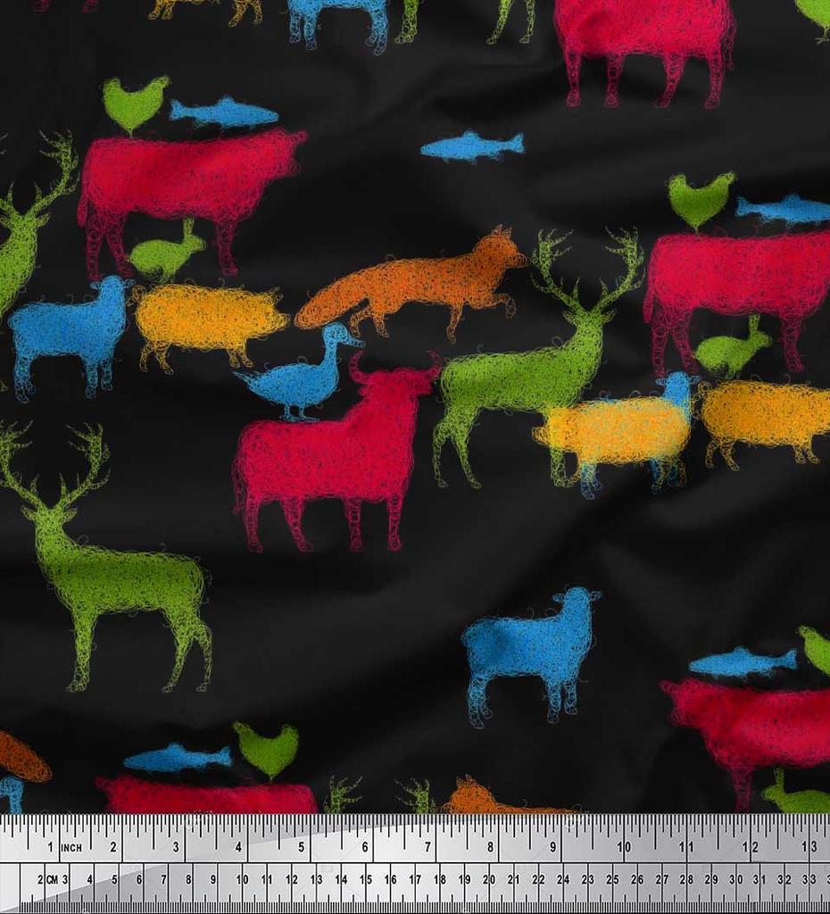 Soimoi Japan Crepe Satin Fabric Birds & Animals Hand Drawn Print Fabric by Metre 42 Inch