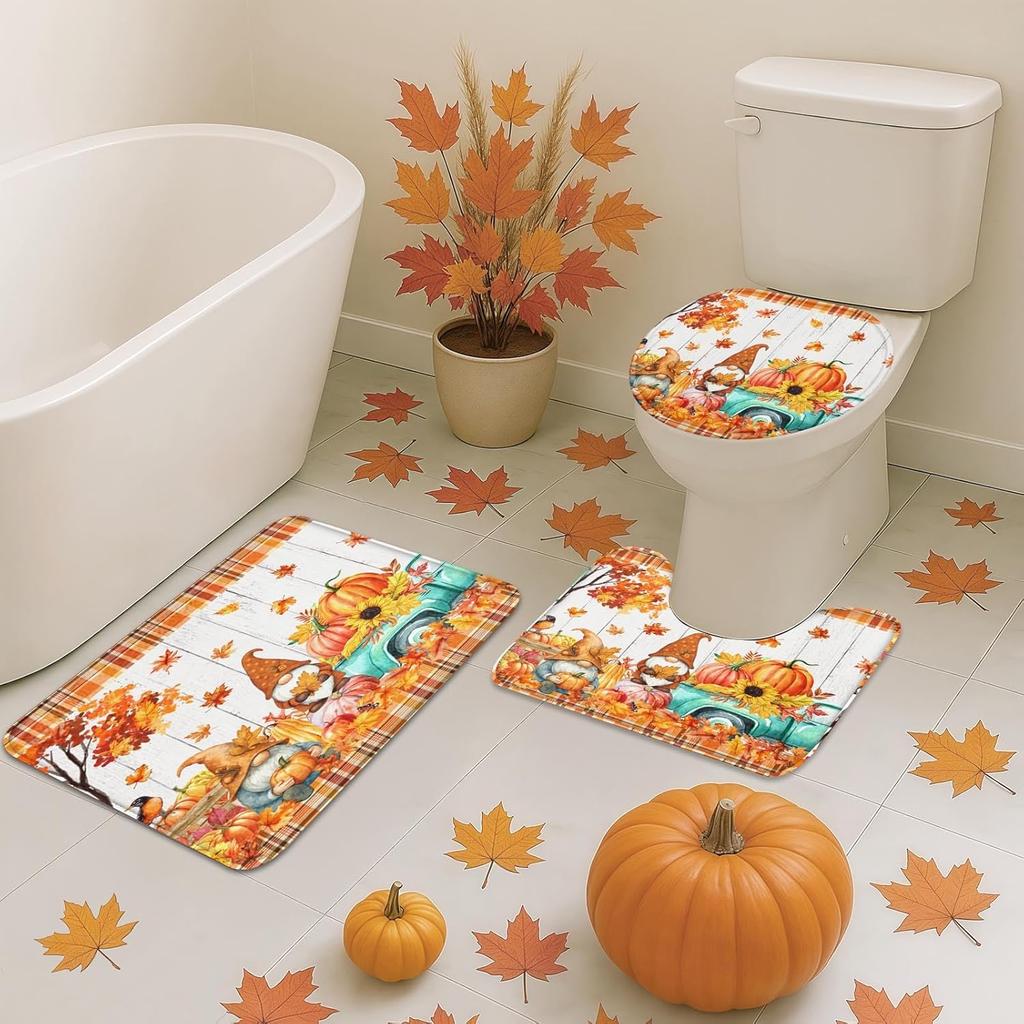 Arttown Fall Shower Curtain Set With Toilet Lid Cover And Non-Slip Rugs, Gnomes Autumn Pumpkins Teal Truck Thanksgiving Harvest