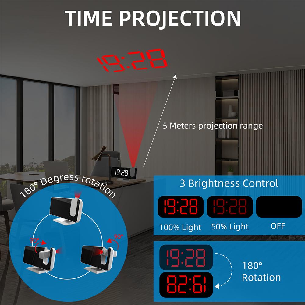 Digital Projection Alarm Clock Large LED Display 180° Rotatable Projector & Dimmer 12/24H DST With Time Temperature for Home Bed