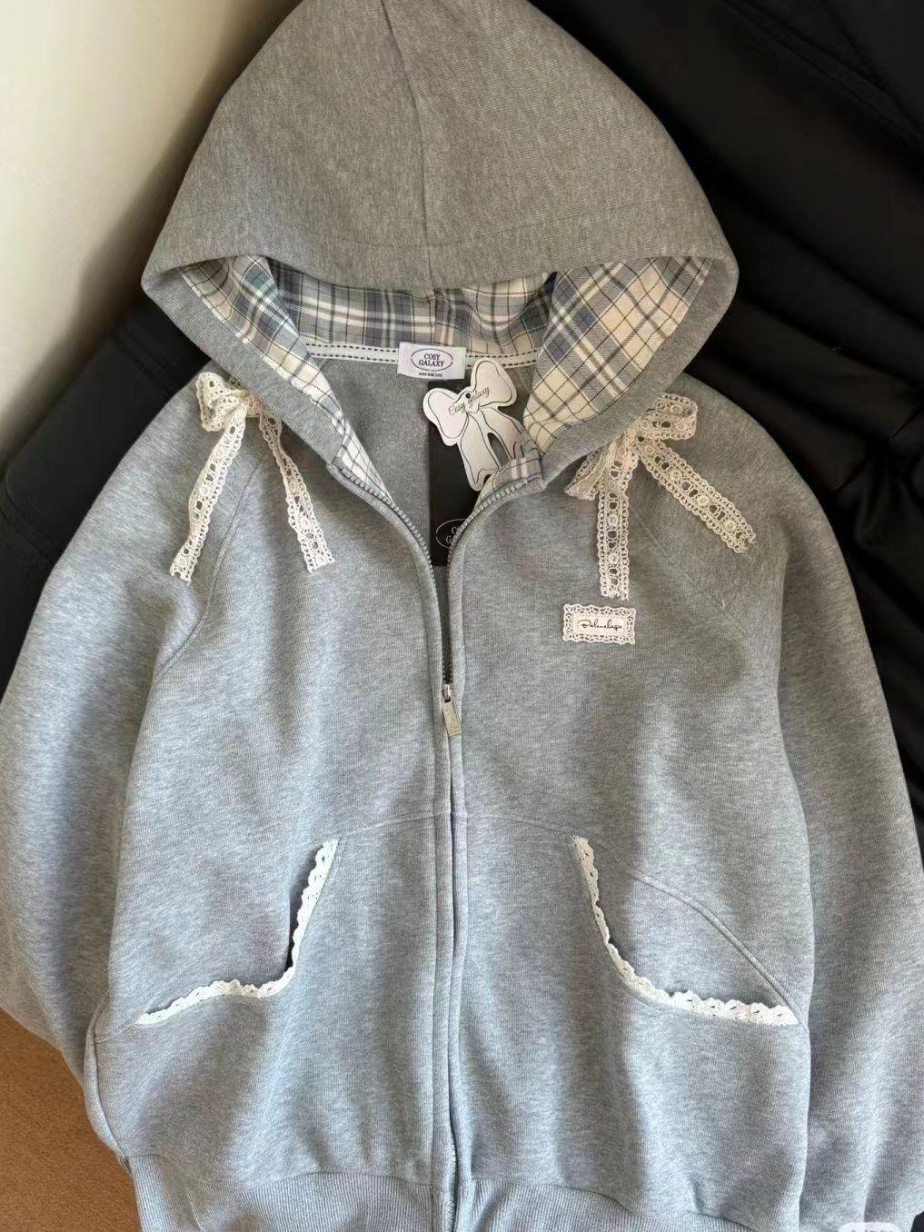 

American Retro Plaid Lace Hooded Sweatshirt - Oversized Short Sleeve College Cardigan for Spring & Autumn M