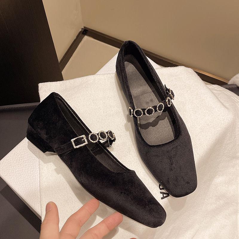 British style versatile square head thick heel with Mary Jane shoes Internet celebrity explosion suede low heel light mouth single shoes