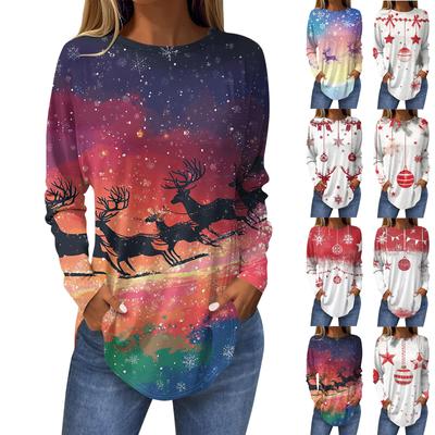 Women's Casual Plus Size Long Sleeved Round Neck Christmas Printed T-shirt Top