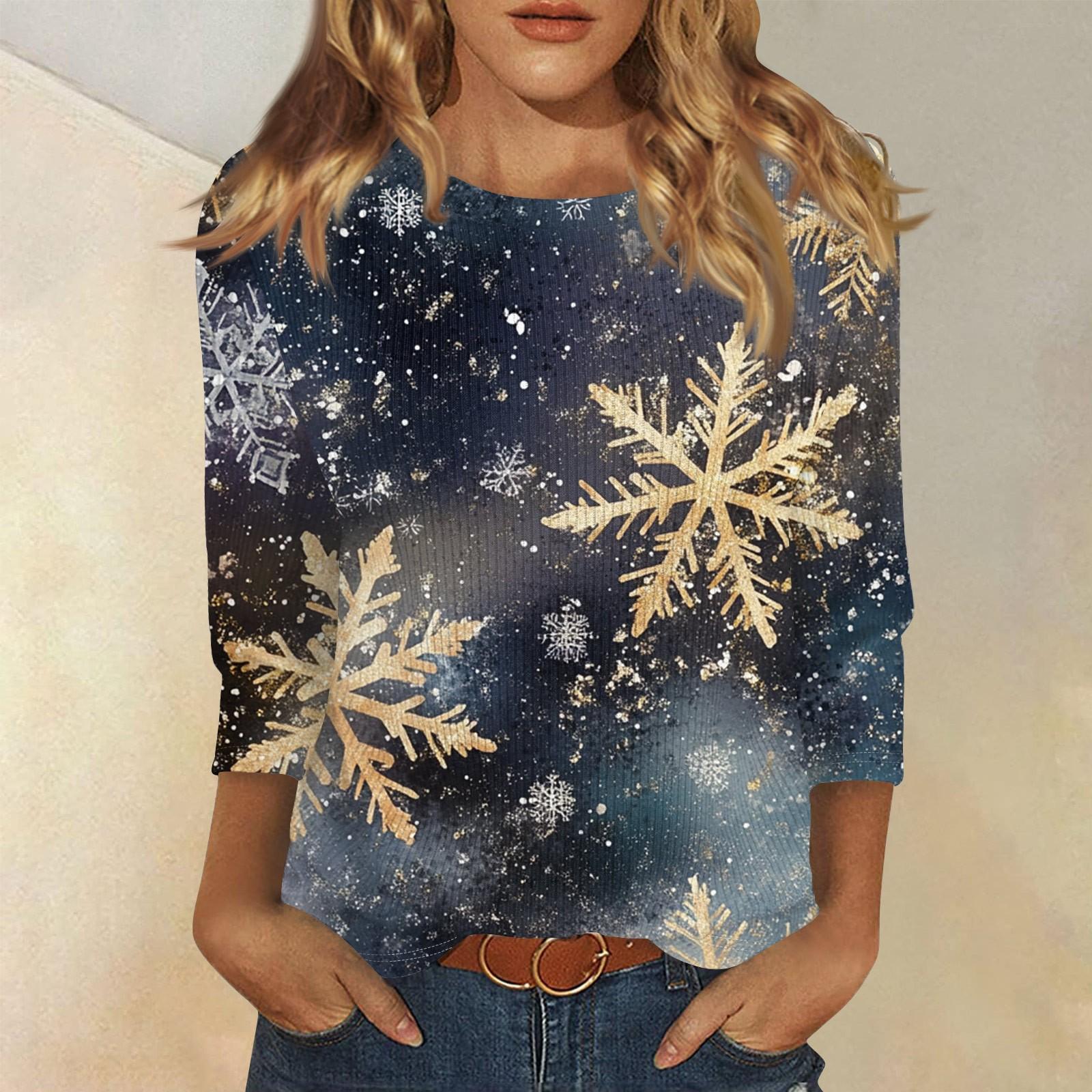 

Женская модная повседневная футболка с круглым вырезом и рукавом три четверти с рождественским принтом S