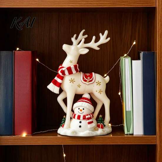 Decorative Crafts for Shelves Christmas Reindeer Snowman Resin Figurine, White Deer Statue with Red Scarf, Elk Ornaments Winter Holiday Tabletop