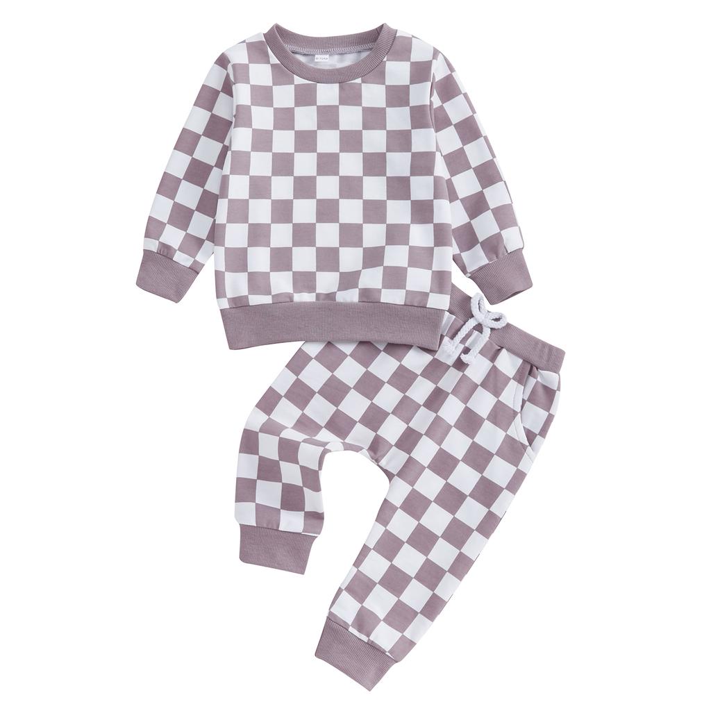 Little Girls 2PCS Fall Sets Long Sleeve O Neck Checkerboard Print Tops Drawstring Pants