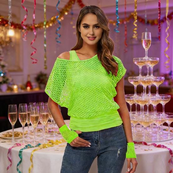 Damen 80er 90er Neon Party Outfit Sexy Netz-Einteiler mit einer Schulter T-Shirt Handschuhe Bündchen Beinwärmer für Mottoparty Karneval Kostüm