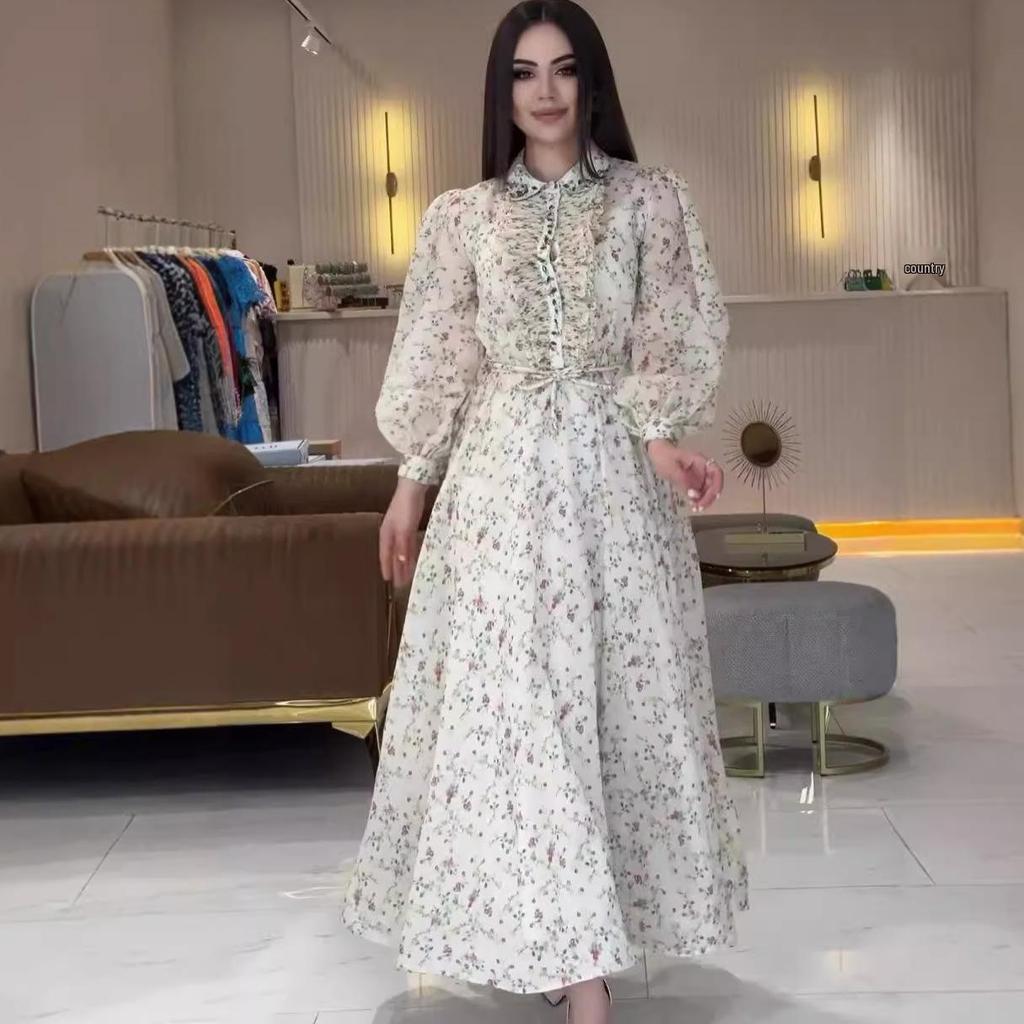 2024 Autumn Women's Fashion Floral Lapel Puff Sleeve Dress