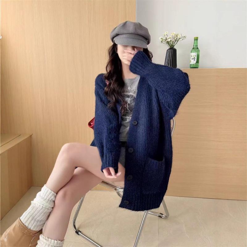 Lazy wind V-neck sweater jacket women's clothing autumn and winter new loose simple casual knitted cardigan jacket women