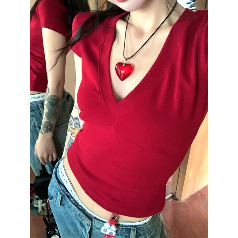 V-neck Short Sleeve Casual Women T Shirts Black Summer Skinny Sexy Solid Basic Crop Fashion Streetwear