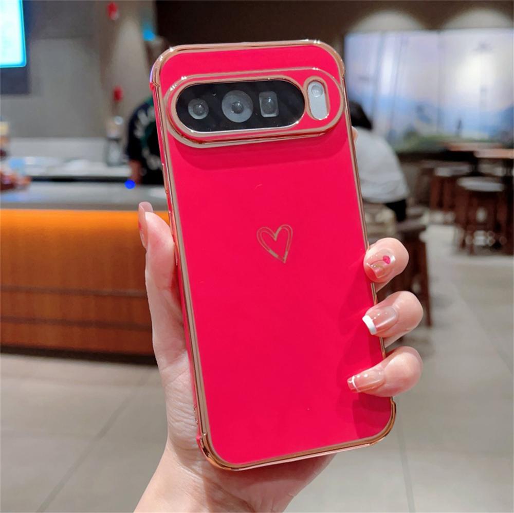 

Plating Glossy Love Heart Case for Google Pixel 10 Pro XL 9 9A 8 8A 7A Shockproof Solid Camera Bumper Protection Cover Google Pixel 10