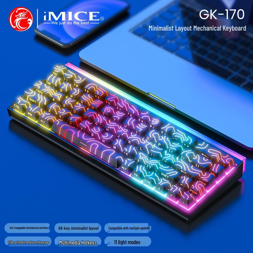 IMICE GK-170 Mechanische Tastatur: 68 Tasten, 60% Layout, Kabelgebunden, Hot-Swap-fähig mit roten Schaltern und farbiger Hintergrundbeleuchtung.