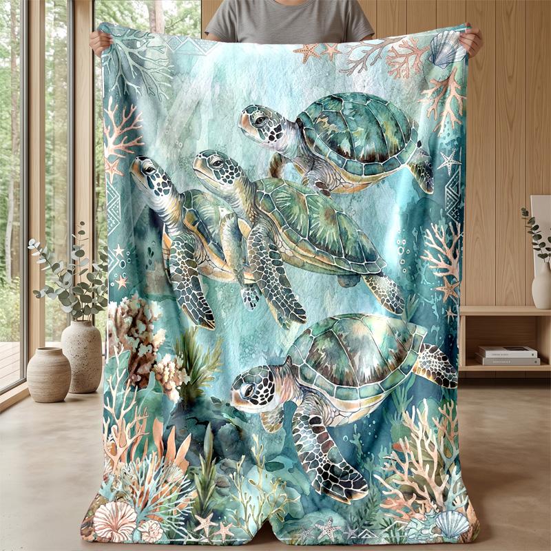 Oceanic Turtle Journey Theme Blanket Lightweight Warm Flannel Blanket Decorative Throw Blanket for Home Decoration