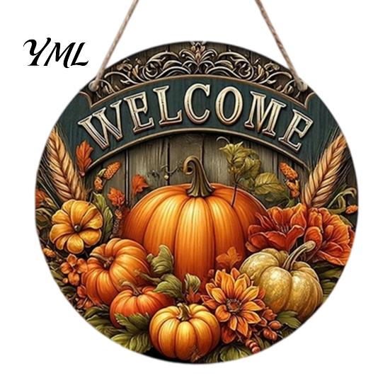 Autumn Harvest Welcome Sign Festival for Front Door, Rustic Wooden Hanging Weather Resistant Entryway with Hemp Rope, Pumpkin Plaque Fall Porch