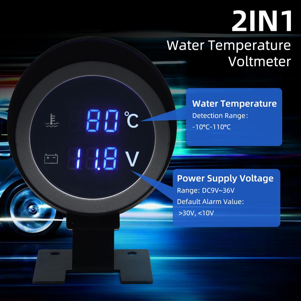 AD Round Led Digital Car Water Temp Gauge  + Voltmeter 2in1 Water Temperature Adapter Moto Volt Meter + Water Temp Sensor 10mm