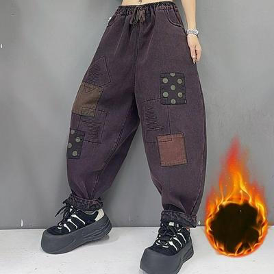 Retro Vinter Sömnad Plus Sammet Harlan Tvättade Tunna och Tjocka Casual Lös Plus Storlek Dragsko Jeans