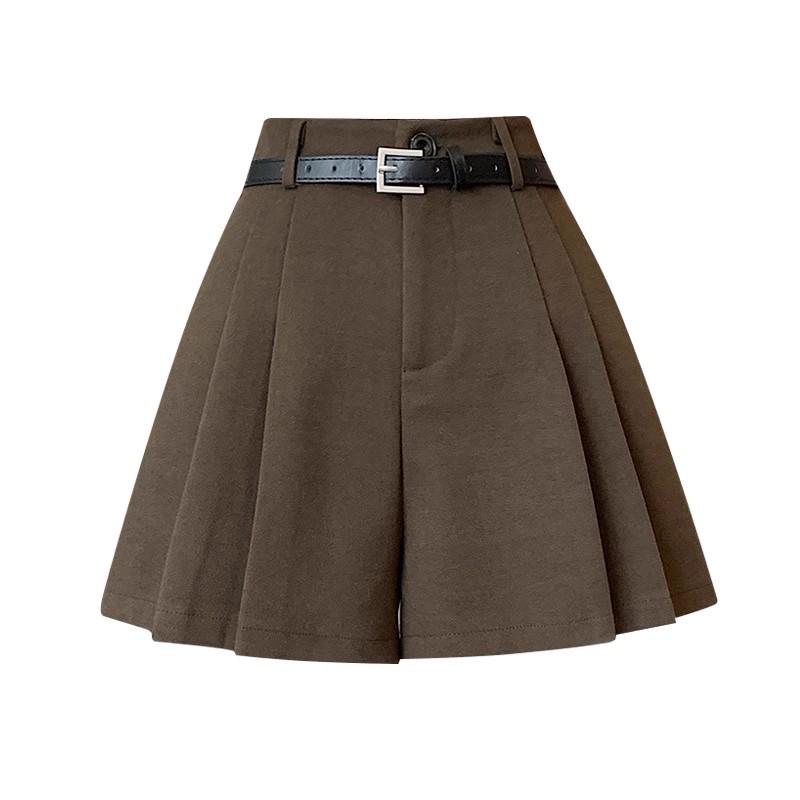 2024 Women's High-Waist Brown Wool Pleated Shorts: Autumn/Winter Wide-Leg Casual Skort