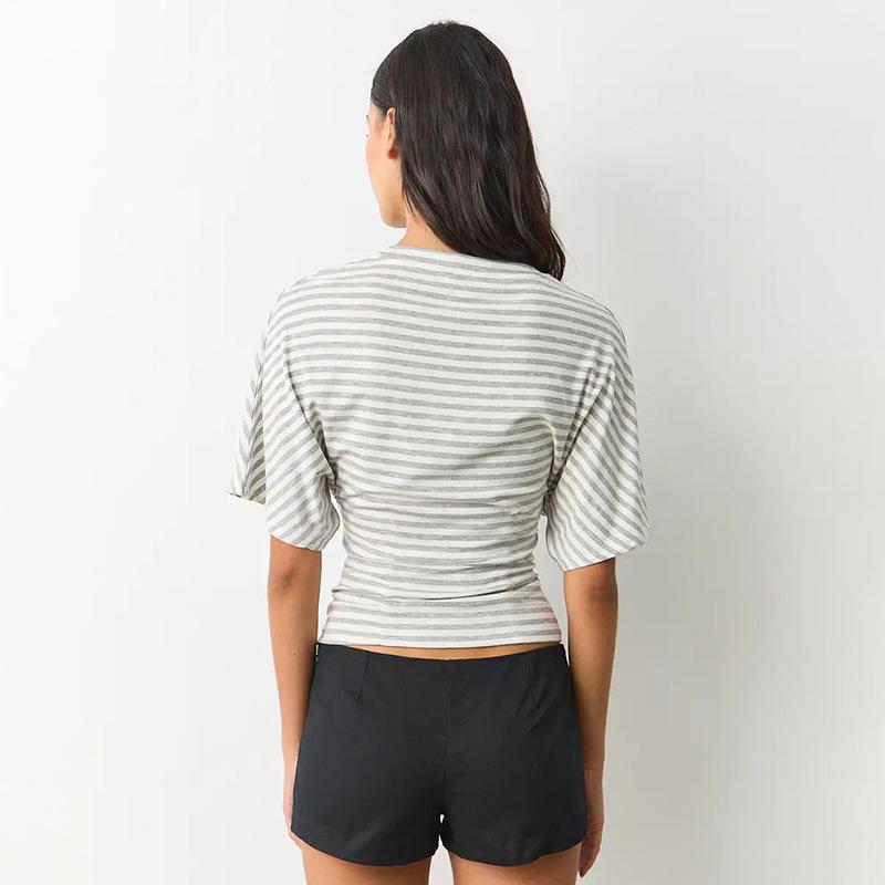 Q25TP400 Women's Slim-Fit Autumn Striped Round Neck Short Sleeve Top