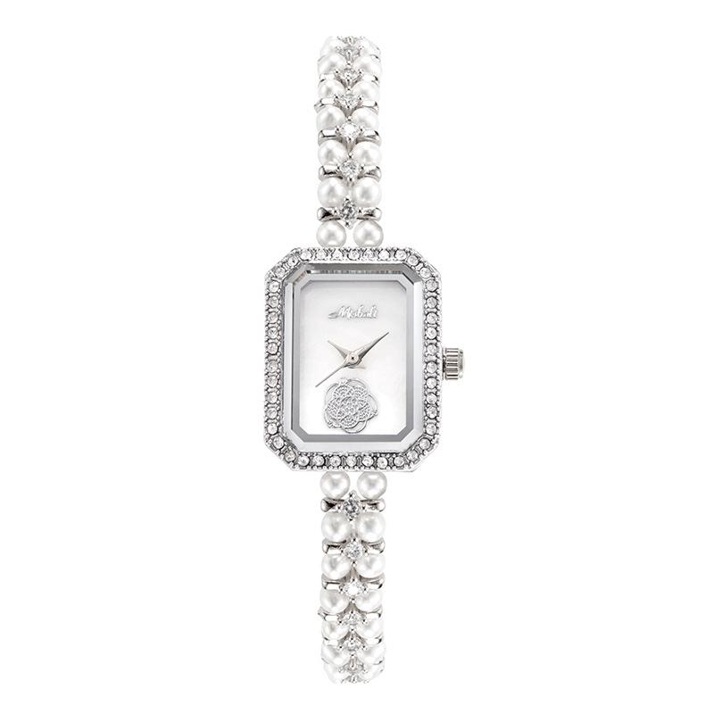 Vintage Antique Natural Pearl Bracelet, Square Small Fragrant Style Watch Fritillary Small Dial Niche Camellia