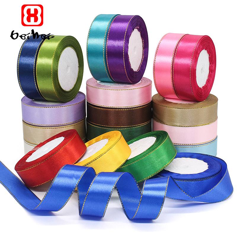 Gift Satin Ribbons Wholesaler 1inch 100% Polyester Christmas Ribbon Gold Wired Edged Satin Ribbon Roll Accept Print Logo