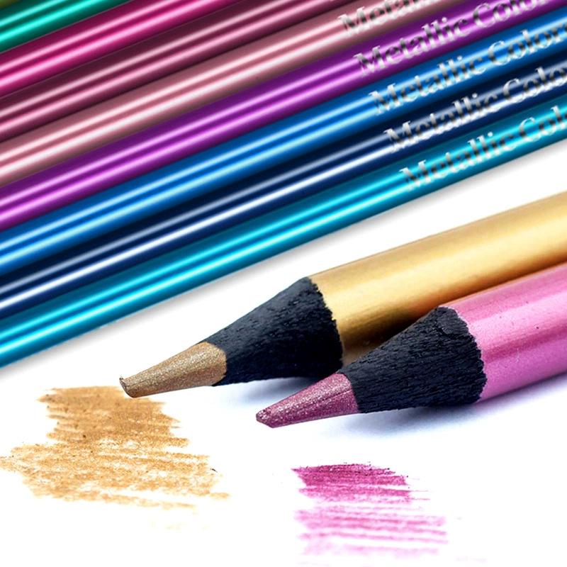 12 Metallic Colors Black Wood Colored Pencils for Journaling, Doodling, Painting, and Children's Drawing