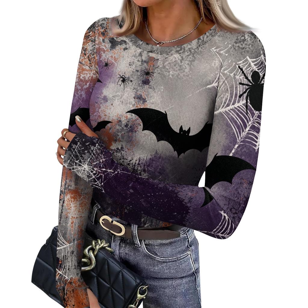 Women's Slim Fit Halloween Print Pullover Long Sleeve T Shirt Crew Neck Base Layer Top with Thumb Hole Cuffs
