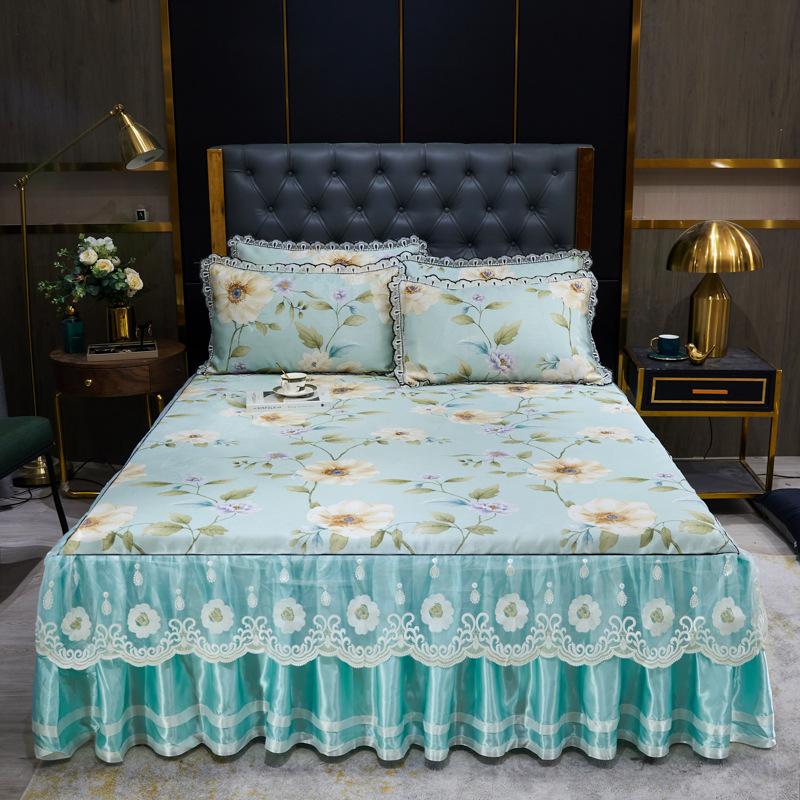 Blondertilpasset laken Luksus sengetøysett Romantisk ismatte sammenleggbare broderte laken Lin Sengetøy Queen Sengeteppe med skjørt