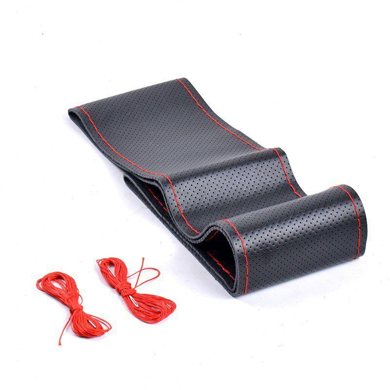 Car Steering Wheel Cover, Genuine Leather Steering Wheel Cover, Hand-Stitched Steering Wheel Cover, Universal for All Seasons, Anti-Slip Leather Full Perforation - Black with Red Trim