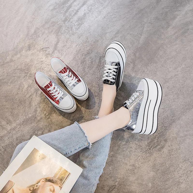 Mode 10cm Naturkuh Nähen Echtleder Plateau Keilabsatz Sneaker Klobig Bequem Herbst Frühling Damen Vulkanisierte Damenschuhe