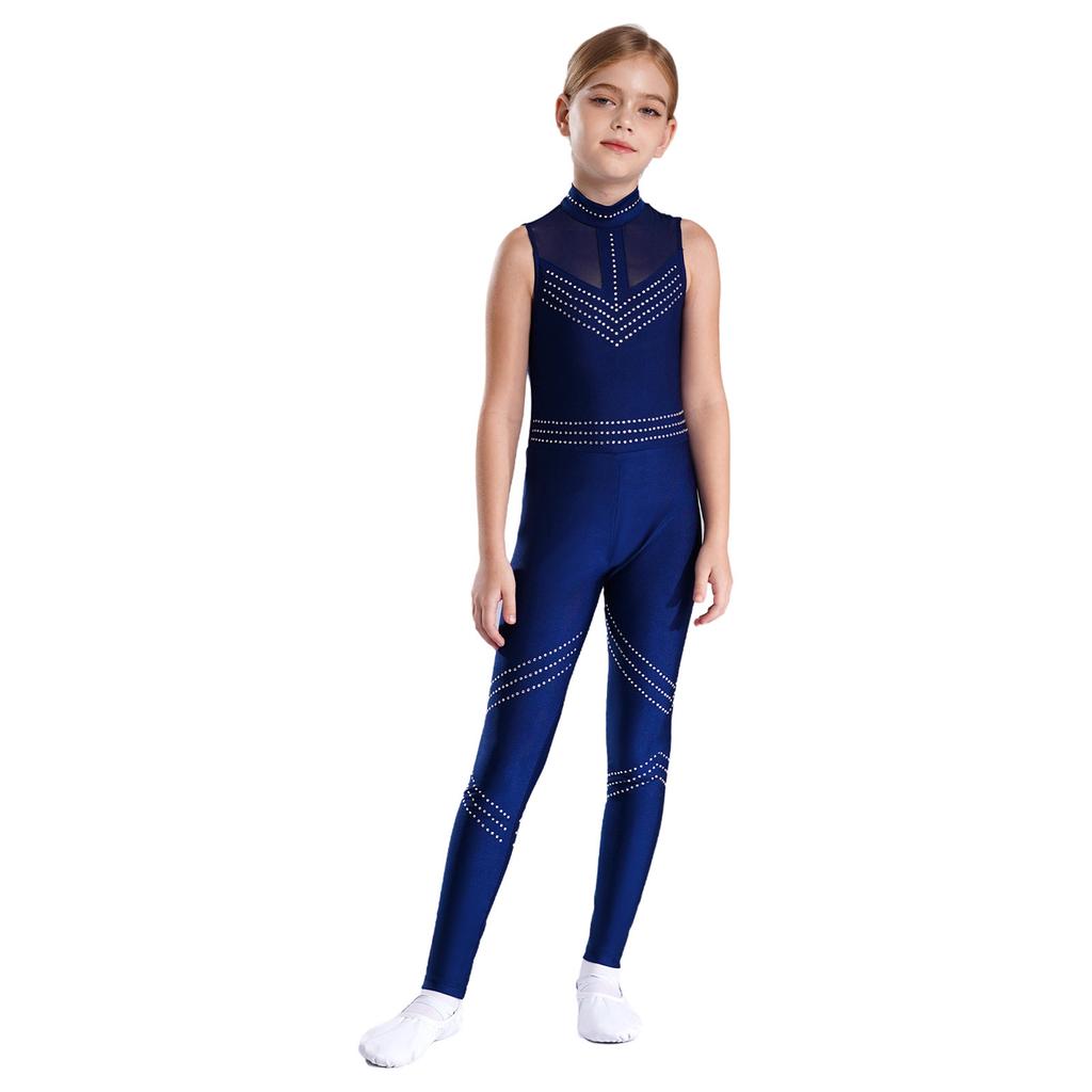 Girls Gymnastics Romper Sleeveless Mesh Patchwork Design Shiny Rhinestone Full Body Dance Jumpsuit
